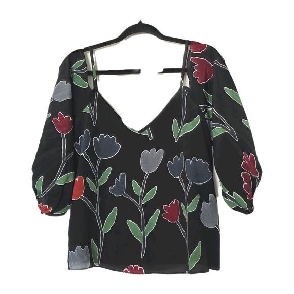 Alice + Olivia Floral Silk Blouse Cold Shoulder Womens M Boho Artsy Tullips - Picture 1 of 10